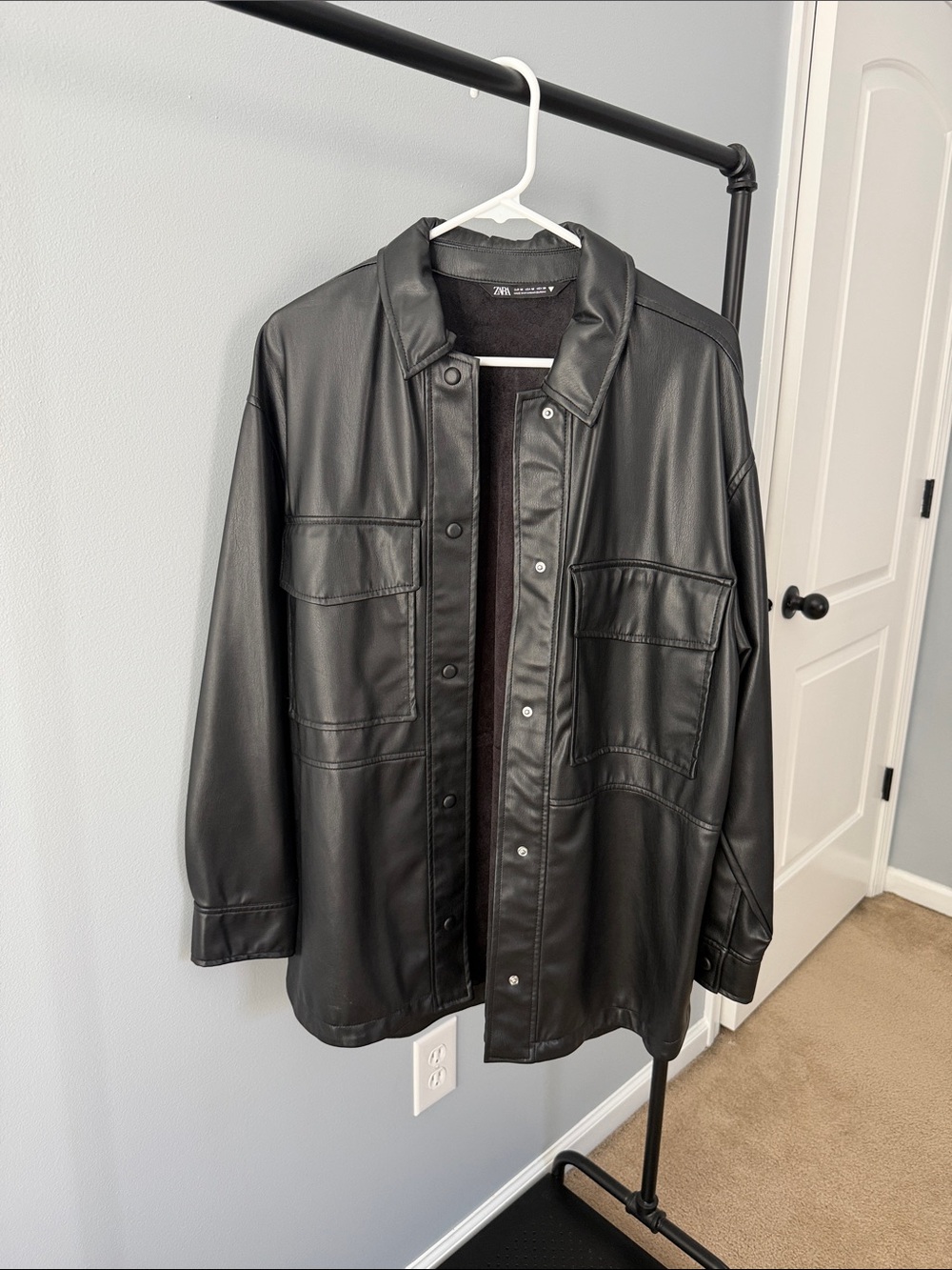 Zara Black Faux Leather Shirt Jacket